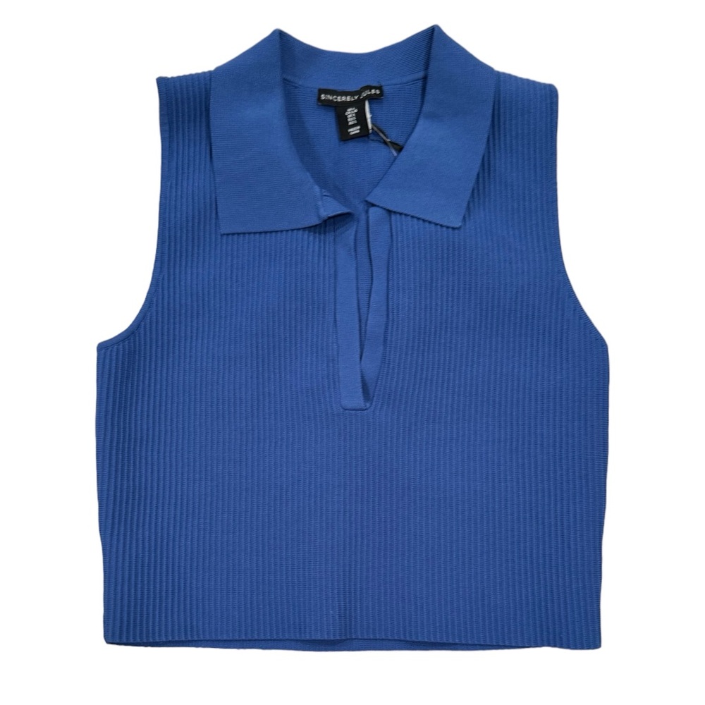 SINCERELY JULES NWT Sleeveless Ribbed Sculpt Knit Collared Blue Crop Top Large